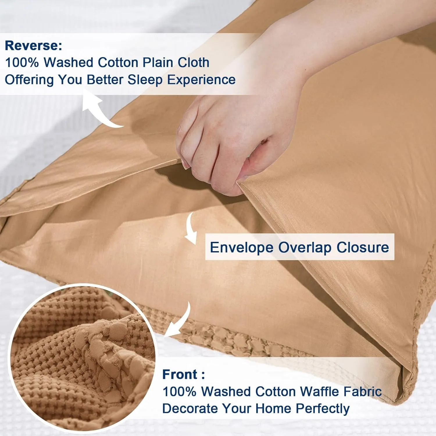 PHF 100% Cotton Waffle Pillow Shams King Size, 2 Pack 20" x 36" Soft Skin-Friendly Pillowcases, No Filling, Aesthetic Woven and Breathable Waffle Weave Pillow Case Covers for Bed, Camel