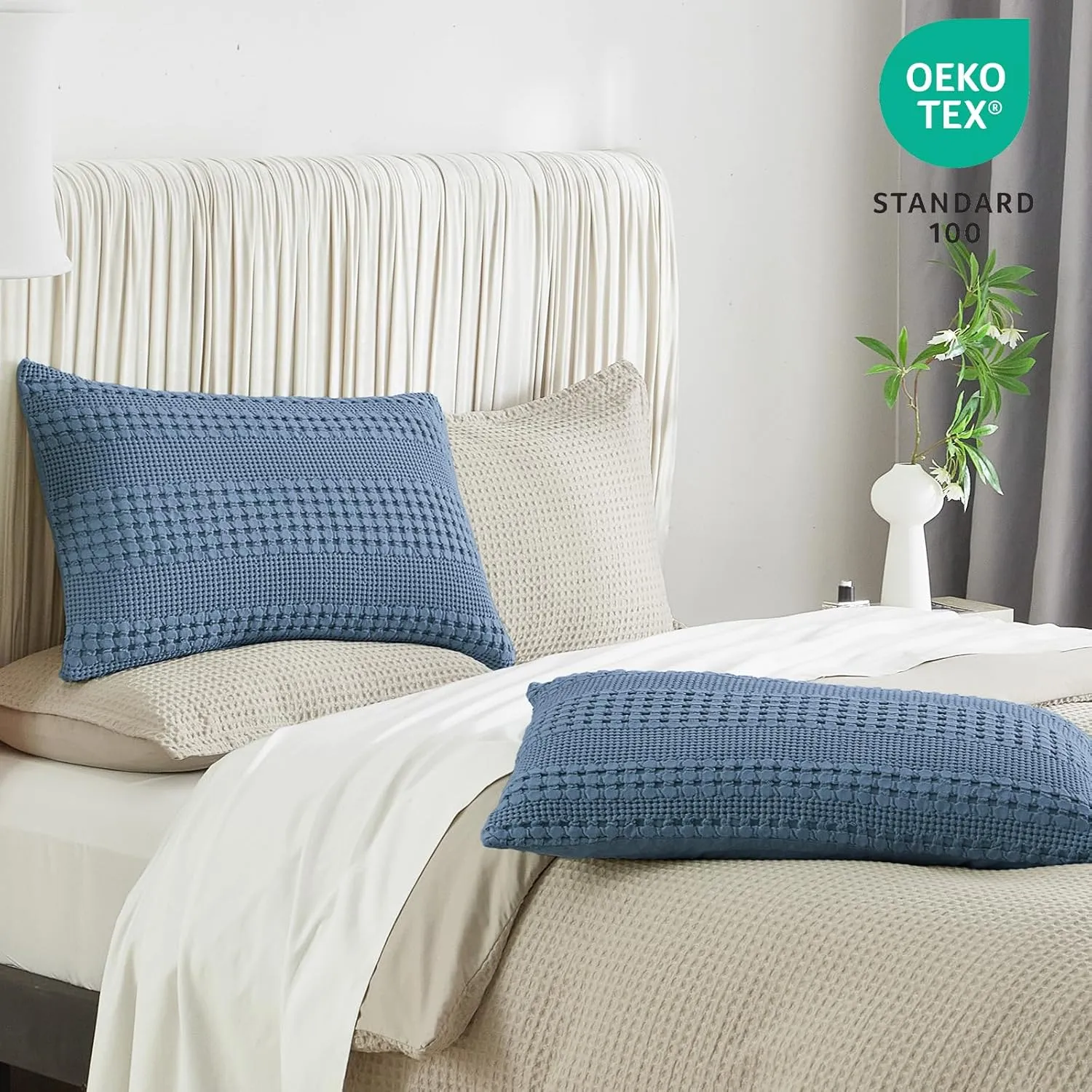 PHF 100% Cotton Waffle Pillow Shams Standard Size, 2 Pack 20" x 26" Soft Skin-Friendly Pillowcases, No Filling, Aesthetic Woven and Breathable Waffle Weave Pillow Case Covers for Bed, Captain's Blue