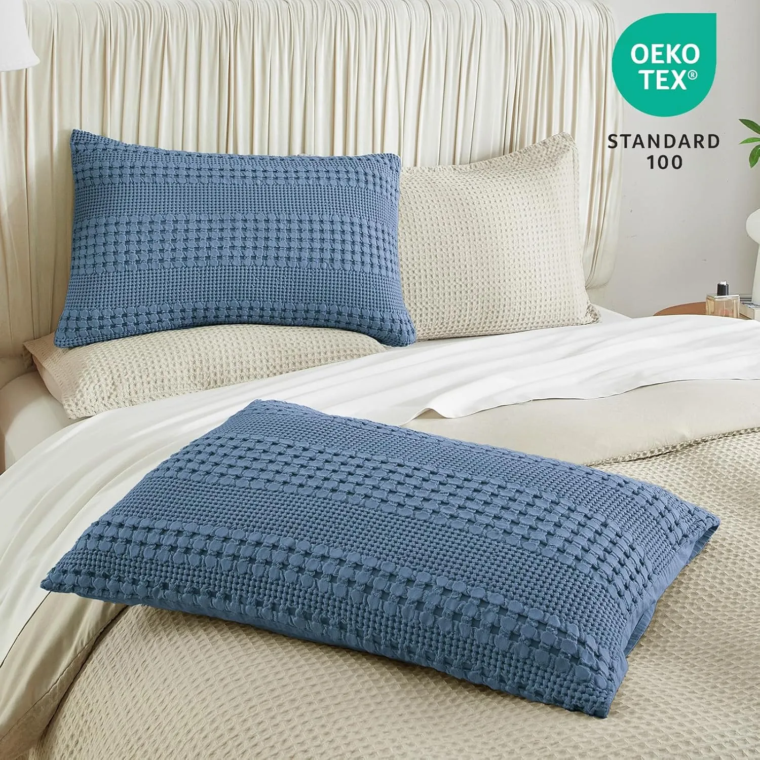 PHF 100% Cotton Waffle Pillow Shams Standard Size, 2 Pack 20" x 26" Soft Skin-Friendly Pillowcases, No Filling, Aesthetic Woven and Breathable Waffle Weave Pillow Case Covers for Bed, Captain's Blue