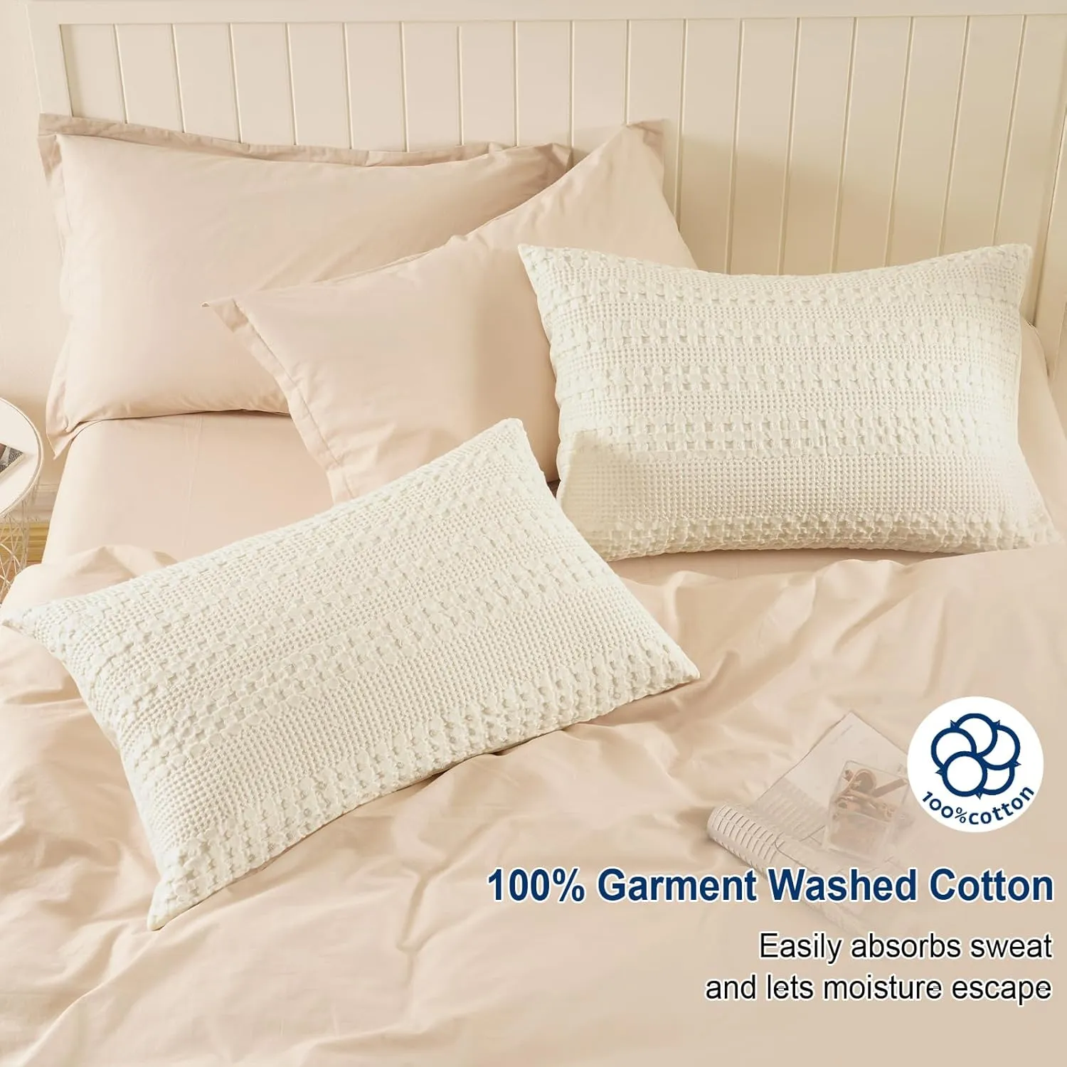 PHF 100% Cotton Waffle Pillow Shams Standard Size, 2 Pack 20" x 26" Soft Skin-Friendly Pillowcases, No Filling, Aesthetic Woven and Breathable Waffle Weave Pillow Case Covers for Bed, Ivory