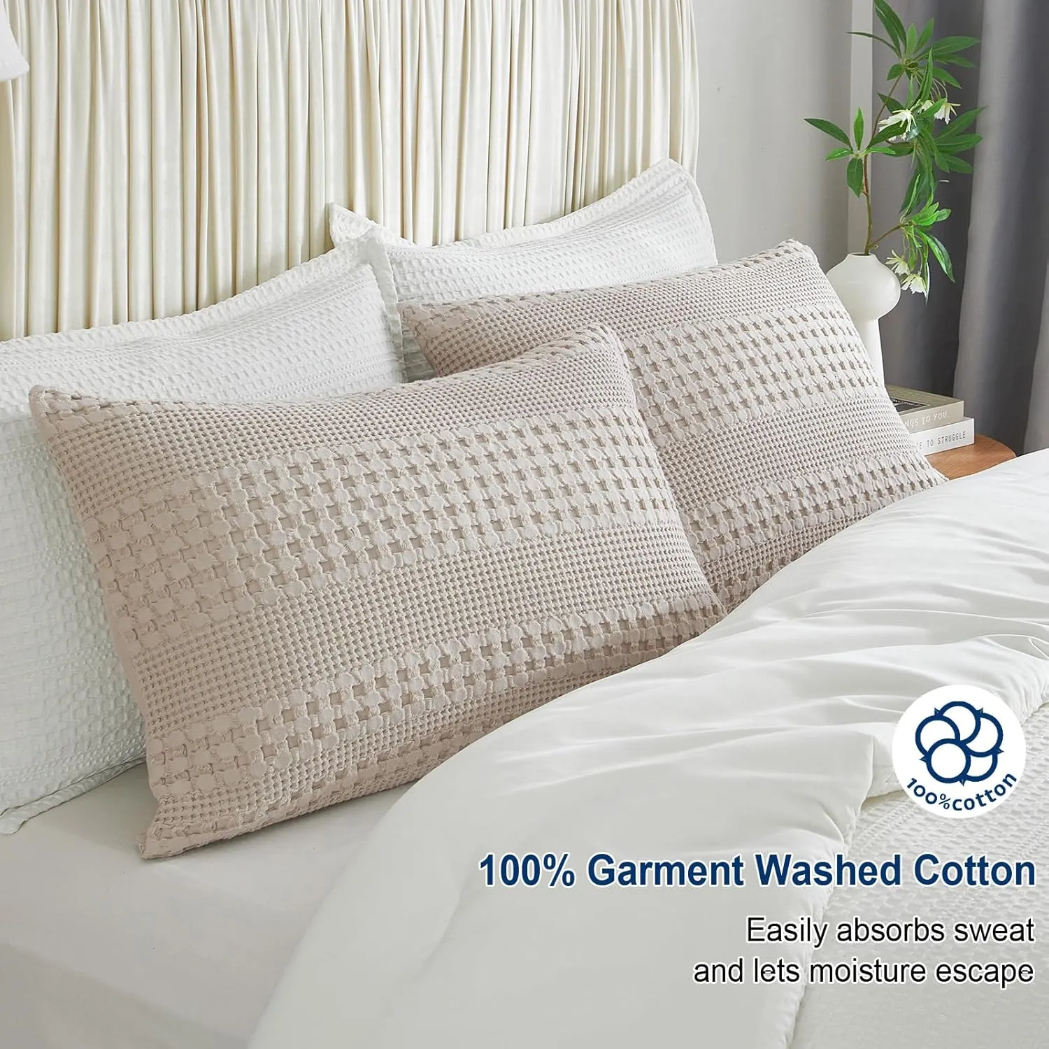 PHF 100% Cotton Waffle Pillow Shams Standard Size, 2 Pack 20" x 26" Soft Skin-Friendly Pillowcases, No Filling, Aesthetic Woven and Breathable Waffle Weave Pillow Case Covers for Bed, Oatmeal