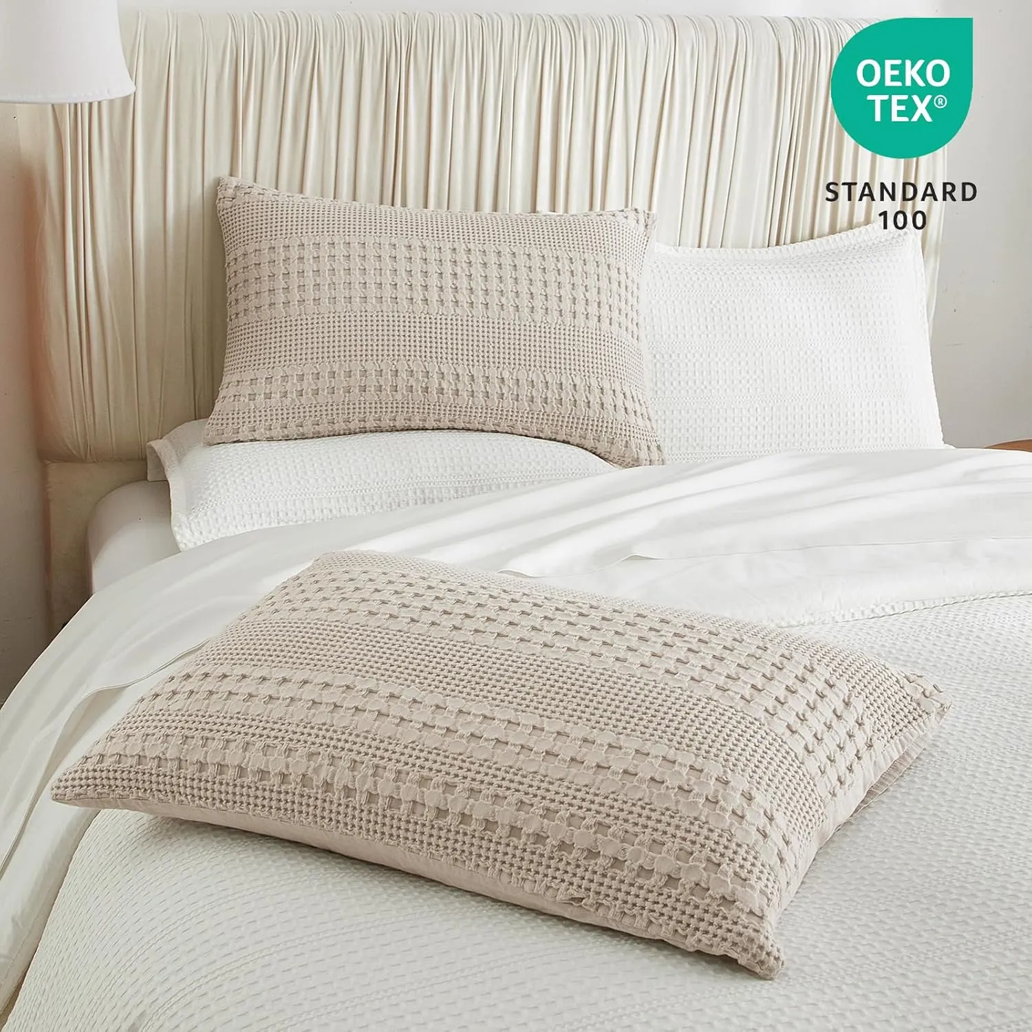 PHF 100% Cotton Waffle Pillow Shams Standard Size, 2 Pack 20" x 26" Soft Skin-Friendly Pillowcases, No Filling, Aesthetic Woven and Breathable Waffle Weave Pillow Case Covers for Bed, Oatmeal