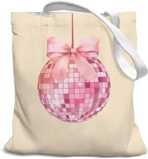 Pink Disco Ball Tote Bag for Women, Disco Ball Sign, Preppy Tote Bag, Reusable Grocery Bags, Shopping Gift Bag for Work Travel Shoulder Bag, Best Gift for Disco Ball Lovers, White