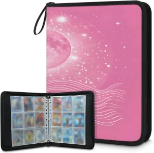 Pink Moon 3 Ring Trading Zipper Binder Strap, Trading Card Binder 4 Pocket, 400 Pockets Card Holder with 50 Removable Sleeves for Game Cards