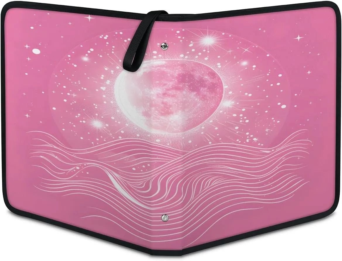 Pink Moon 3 Ring Trading Zipper Binder Strap, Trading Card Binder 4 Pocket, 400 Pockets Card Holder with 50 Removable Sleeves for Game Cards