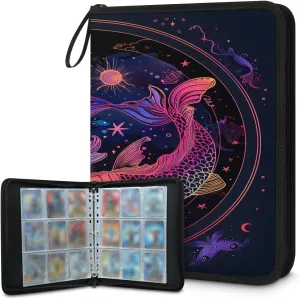 Pisces 3 Ring Trading Zipper Binder Strap, Trading Card Binder 4 Pocket, 400 Pockets Card Holder with 50 Removable Sleeves for Game Cards