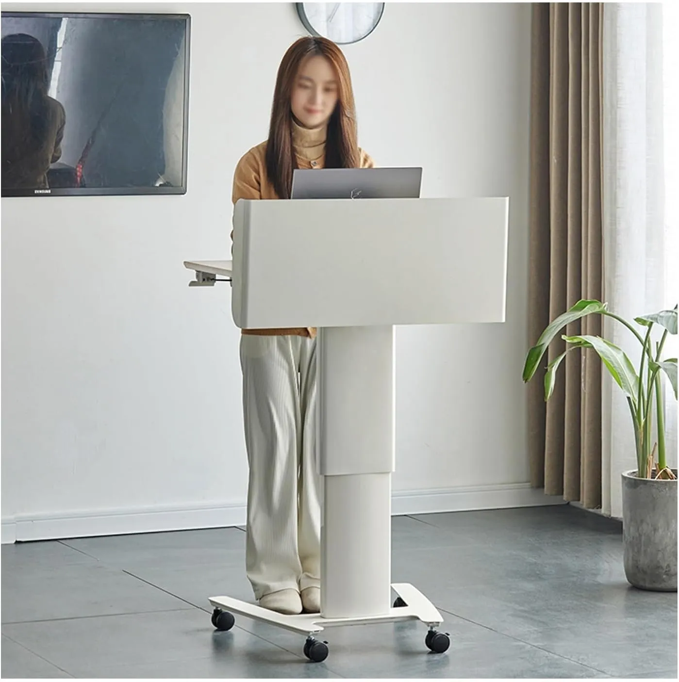Podium,Multi Function Pulpit, Rolling Lectern Stand, Pulpit for Churches, Solid Wood Pulpits, Movable Lifting Podium, for Conference speeches, Academic discussions, and Hosting(White,Regular