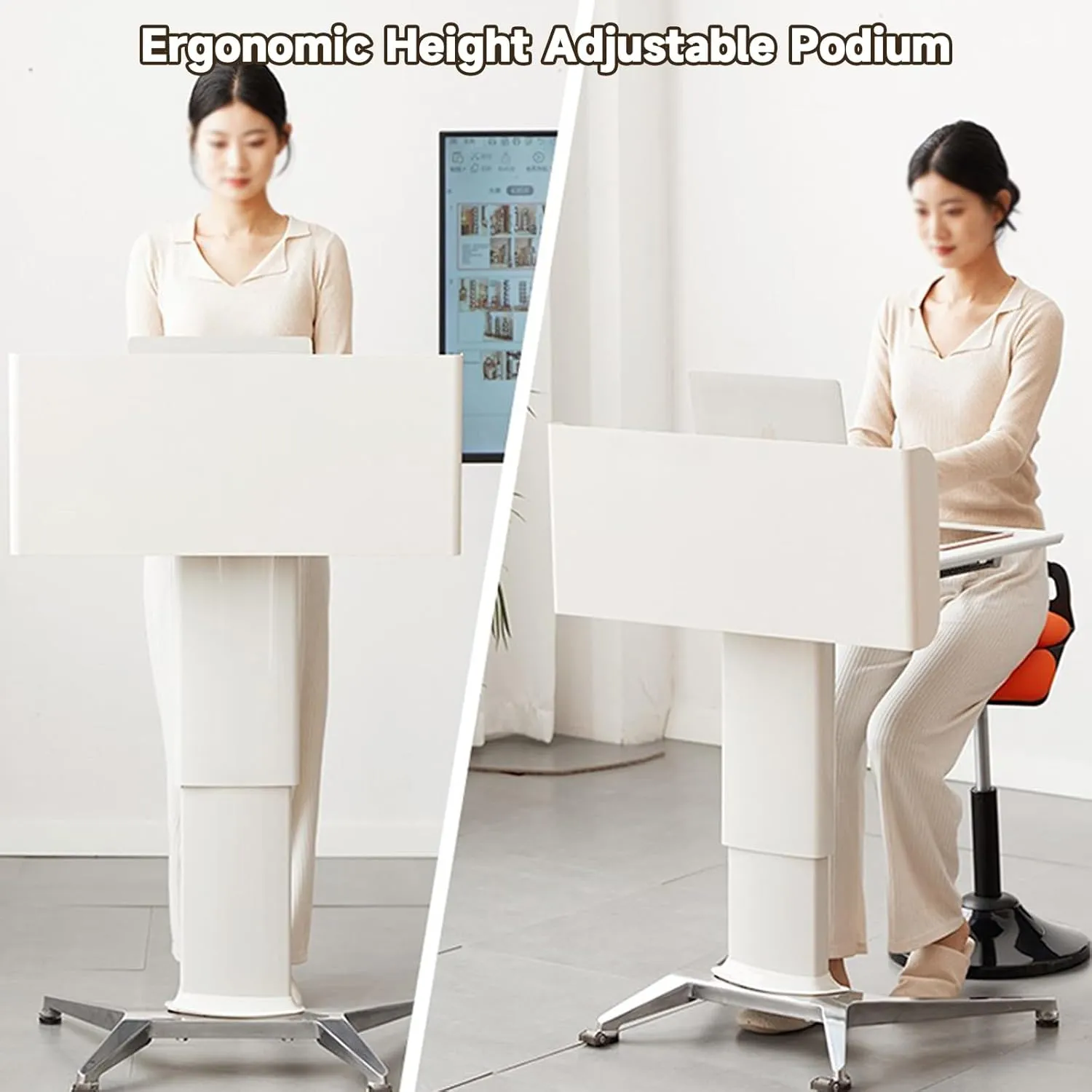Podium,Multi Function Pulpit, Rolling Lectern Stand, Pulpit for Churches, Solid Wood Pulpits, Movable Lifting Podium, for Conference speeches, Academic discussions, and Hosting(White,Regular