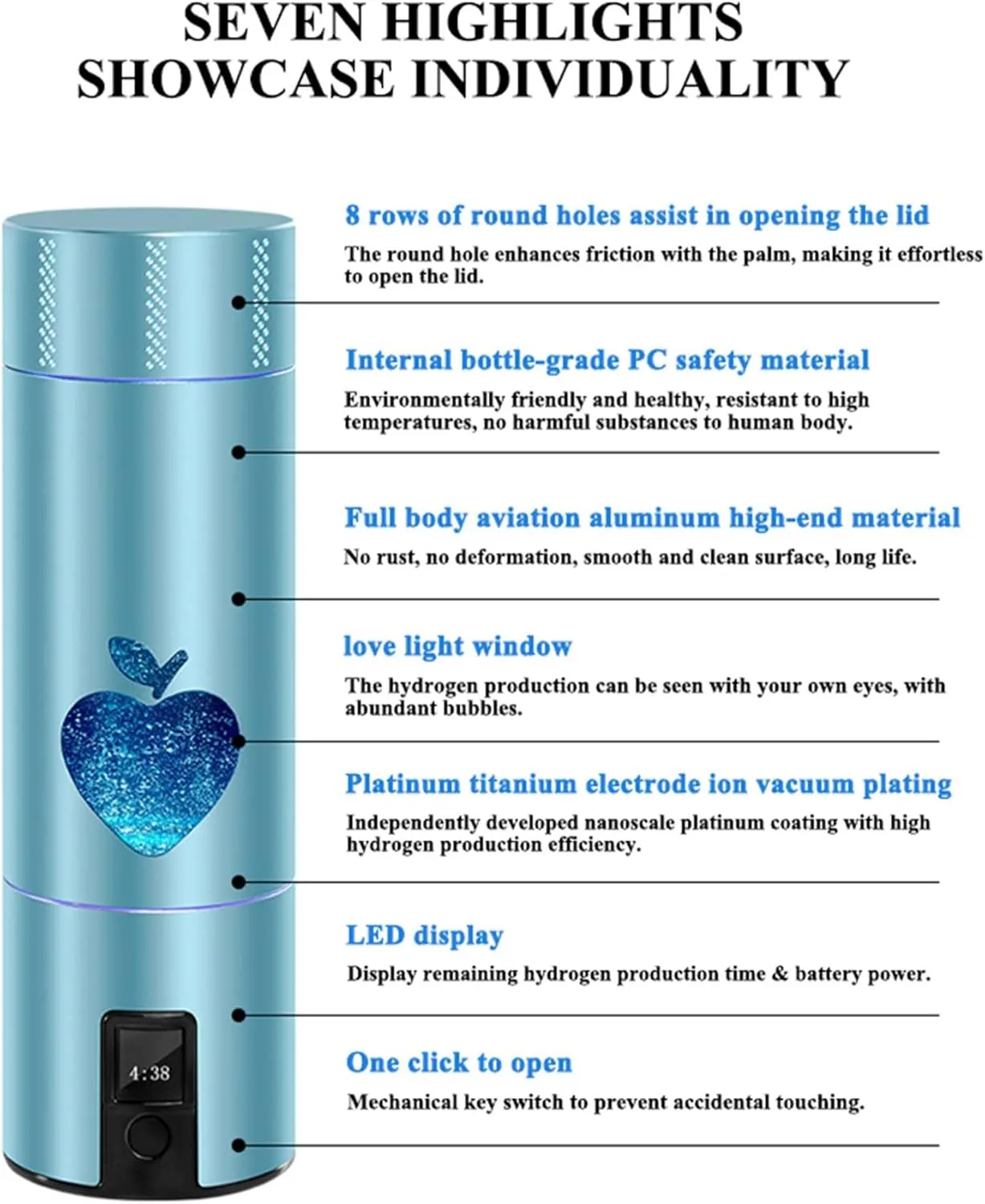 Portable 210mL Hydrogen Water Bottle, SPE Electrolysis Technology, Rechargable Ionized Water Generator Maker, 5300PPB High Concentration Alkaline Energy Cup