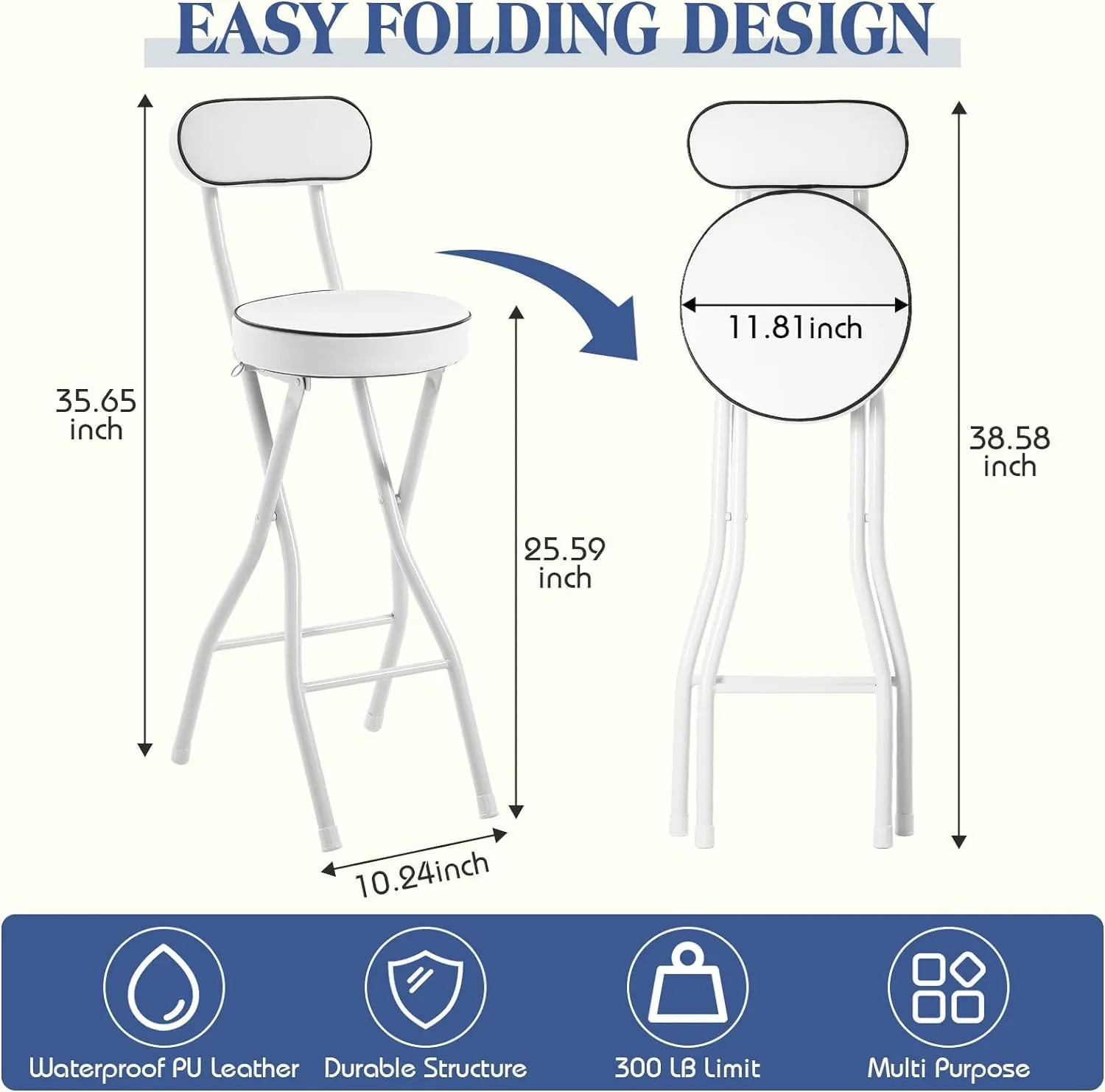 Portable Folding Stool with Backrest Cushioned Padded Bar Stools for Kitchen Garden Camping 25.6 Inch Counter Height Black Set of 2