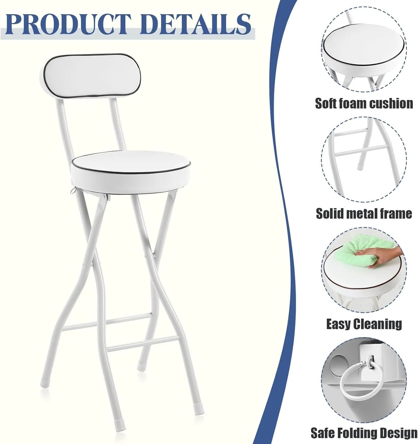 Portable Folding Stool with Backrest Cushioned Padded Bar Stools for Kitchen Garden Camping 25.6 Inch Counter Height Black Set of 2