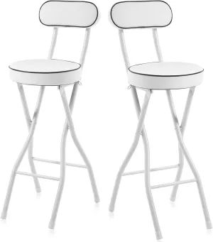 Portable Folding Stool with Backrest Cushioned Padded Bar Stools for Kitchen Garden Camping 25.6 Inch Counter Height Black Set of 2