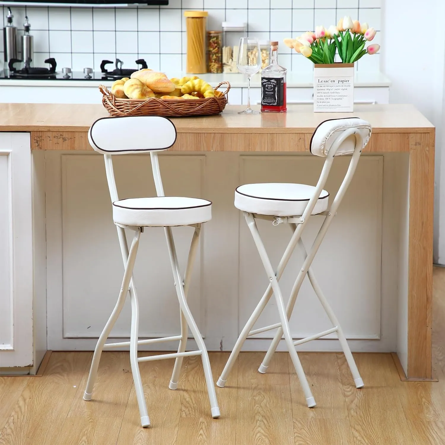 Portable Folding Stool with Backrest Cushioned Padded Bar Stools for Kitchen Garden Camping 25.6 Inch Counter Height Black Set of 2