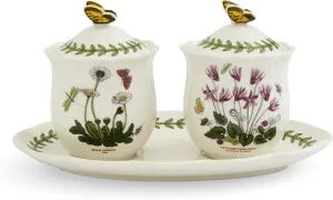 Portmeirion Botanic Garden Bouquet 3-Piece Jam Jar Set - Condiment Bowls with Lid & Tray, Assorted Floral & Butterfly Design, 8.11Oz Jars & 9.6" Plate - Elegant Tea Party Decor