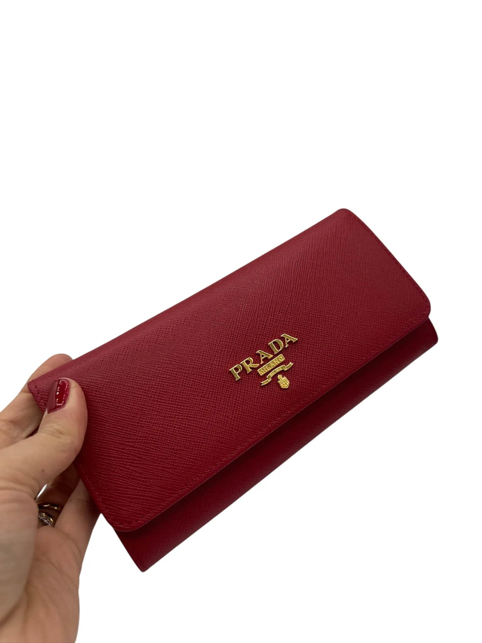 PRE-OWNED Red Saffiano Leather Long Wallet