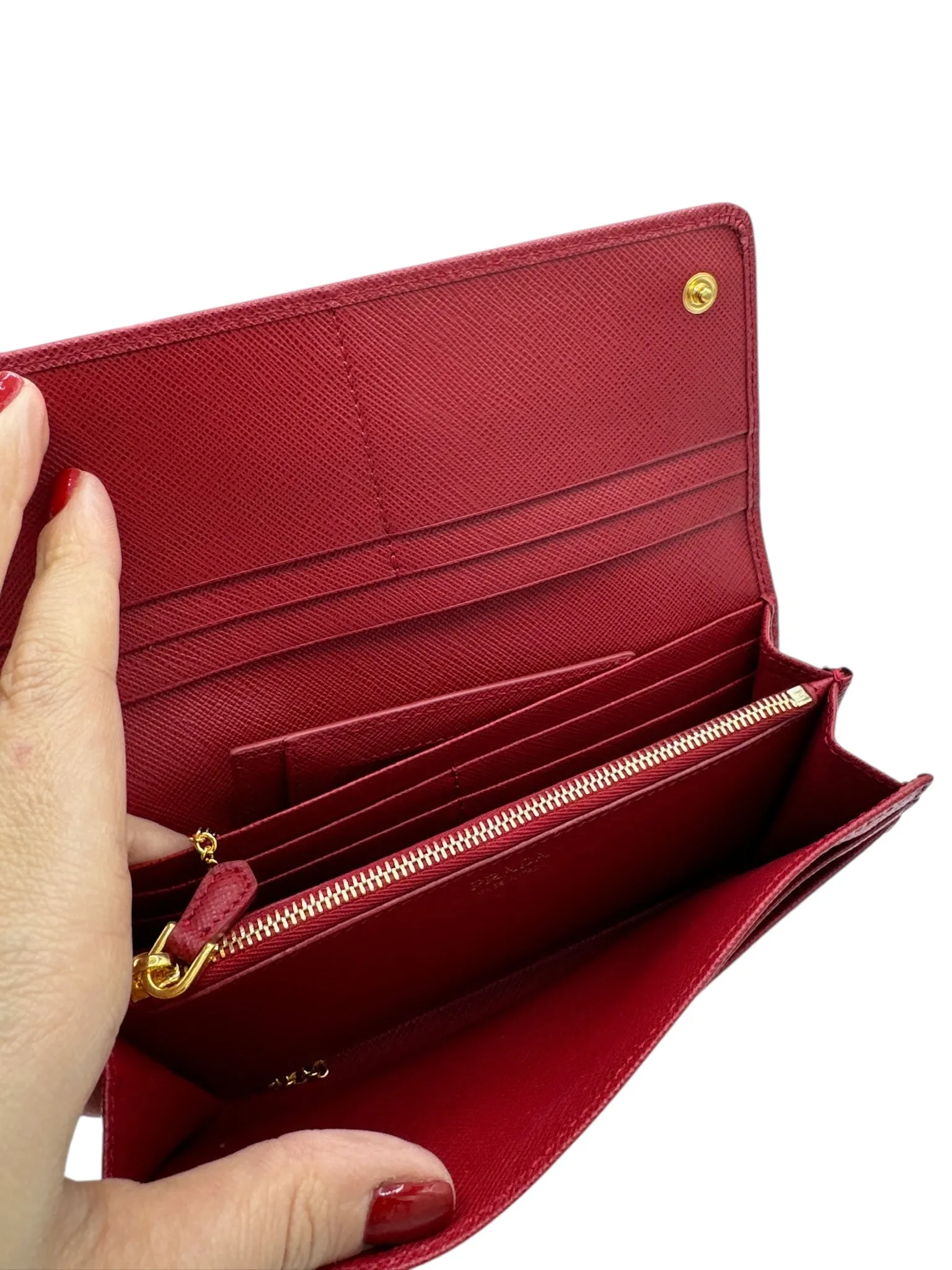 PRE-OWNED Red Saffiano Leather Long Wallet