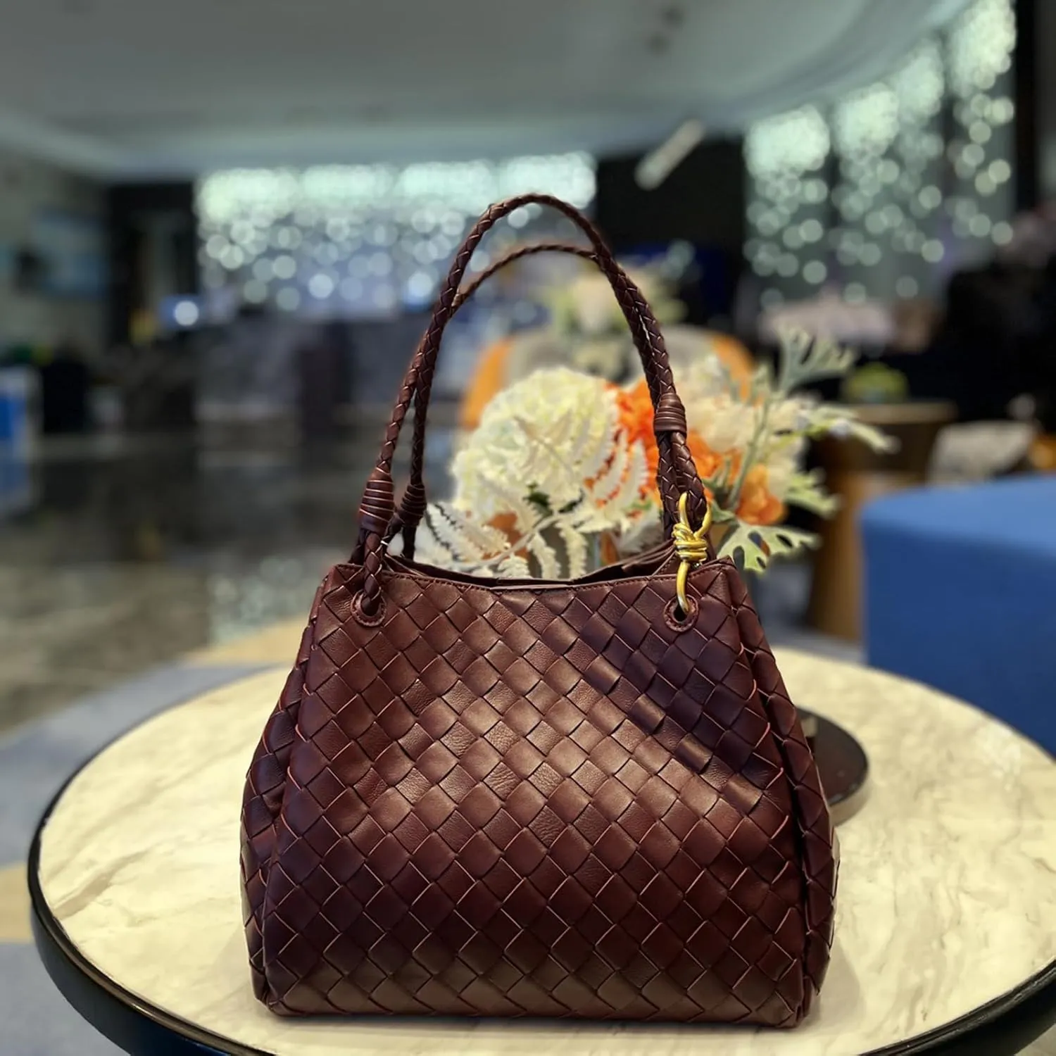 Premium Sheepskin Woven Handbag for Women Metal Cord Buckle Fashion Leather Tote Bag Bucket Bag Purse Large,Burgundy