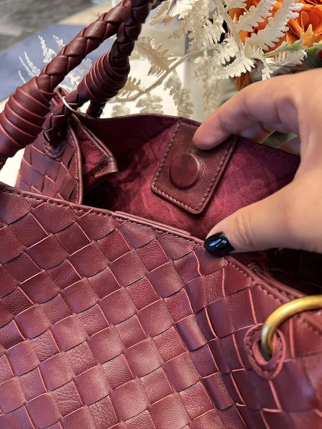 Premium Sheepskin Woven Handbag for Women Metal Cord Buckle Fashion Leather Tote Bag Bucket Bag Purse Large,Burgundy
