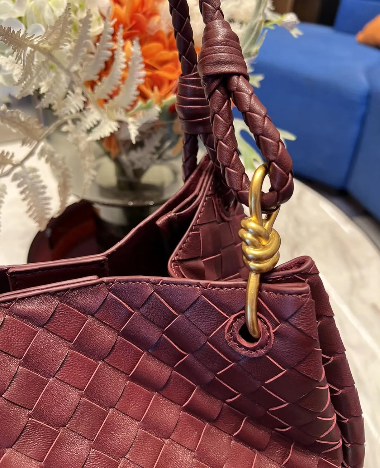 Premium Sheepskin Woven Handbag for Women Metal Cord Buckle Fashion Leather Tote Bag Bucket Bag Purse Large,Burgundy