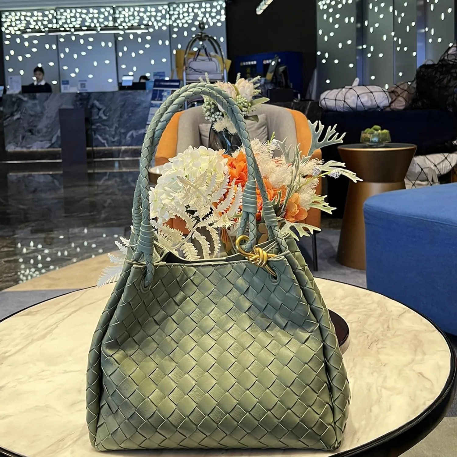 Premium Sheepskin Woven Handbag for Women Metal Cord Buckle Fashion Leather Tote Bag Bucket Bag Purse Large,Green