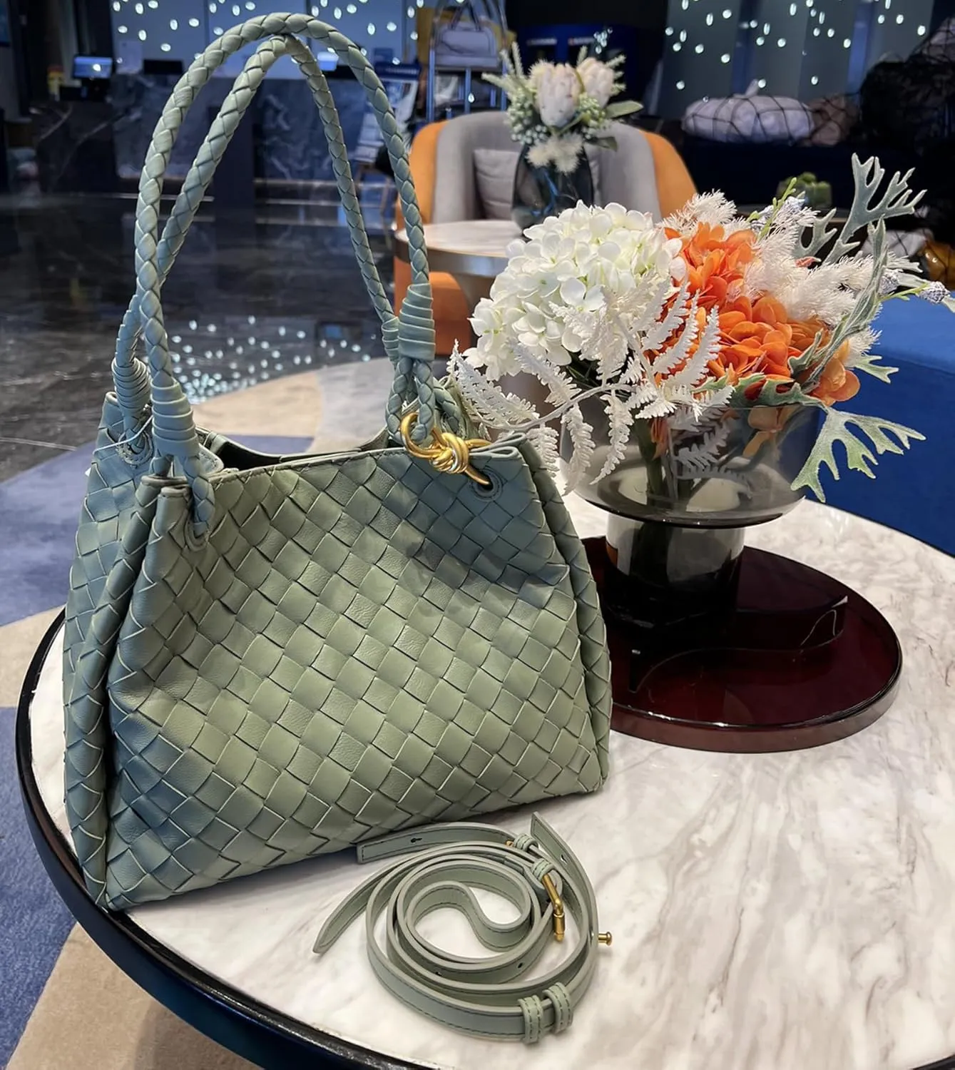 Premium Sheepskin Woven Handbag for Women Metal Cord Buckle Fashion Leather Tote Bag Bucket Bag Purse Large,Green