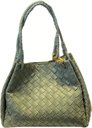 Premium Sheepskin Woven Handbag for Women Metal Cord Buckle Fashion Leather Tote Bag Bucket Bag Purse Large,Green