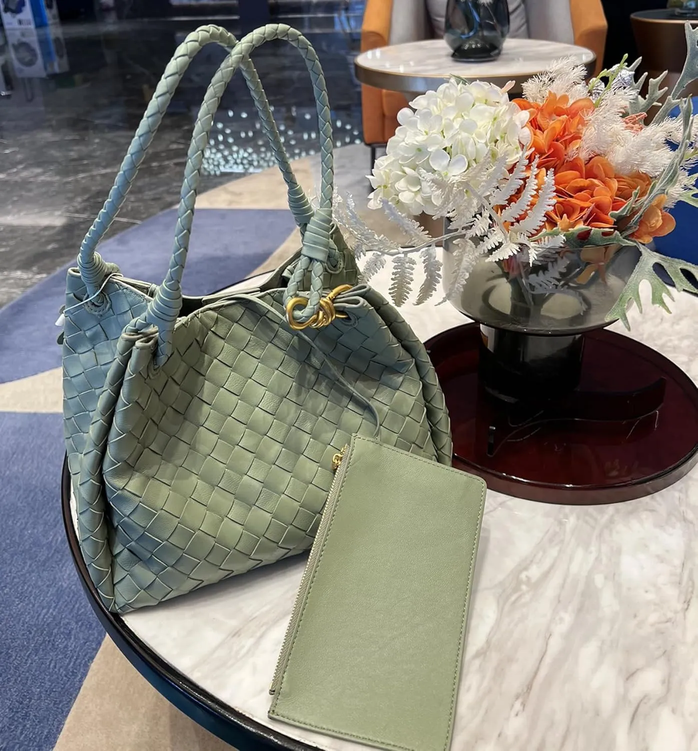 Premium Sheepskin Woven Handbag for Women Metal Cord Buckle Fashion Leather Tote Bag Bucket Bag Purse Large,Green