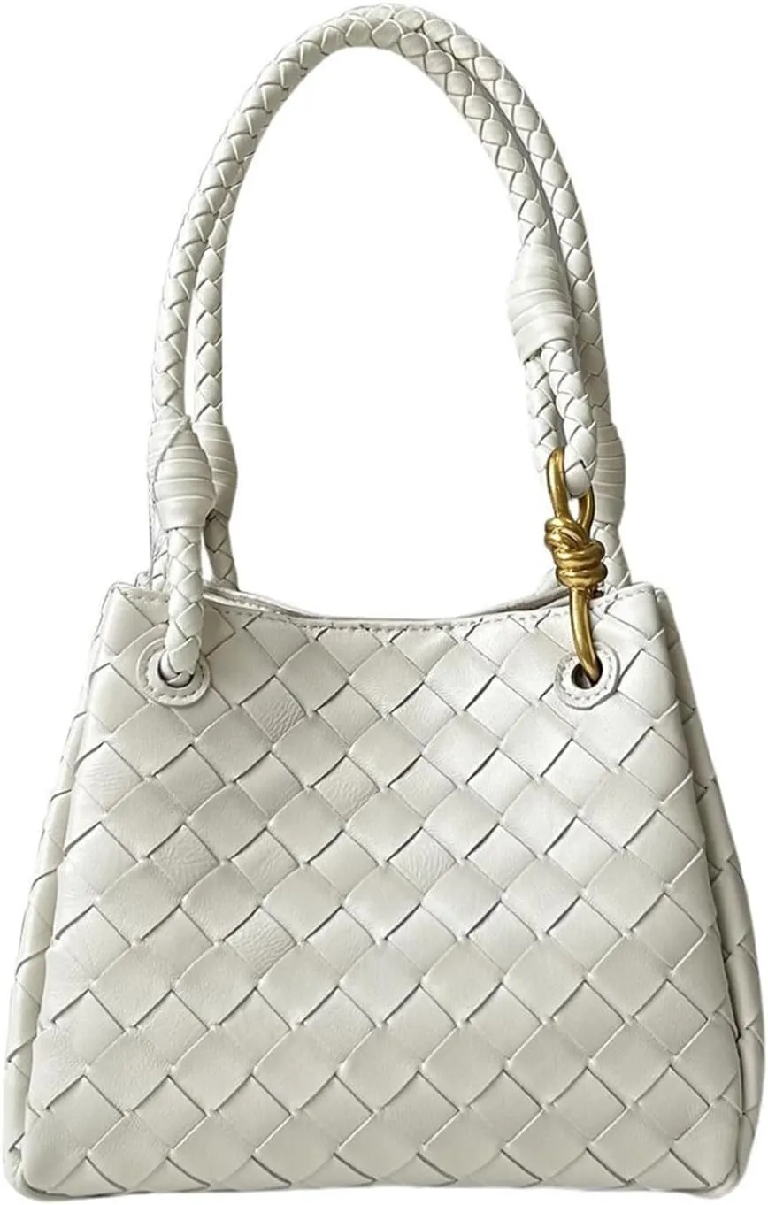 Premium Sheepskin Woven Handbag for Women Metal Cord Buckle Fashion Leather Tote Bag Bucket Bag Purse Large,White