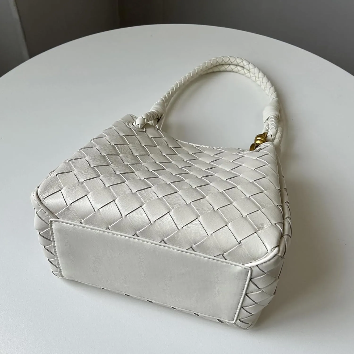 Premium Sheepskin Woven Handbag for Women Metal Cord Buckle Fashion Leather Tote Bag Bucket Bag Purse Large,White