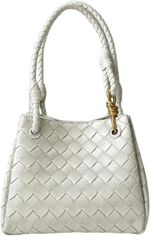 Premium Sheepskin Woven Handbag for Women Metal Cord Buckle Fashion Leather Tote Bag Bucket Bag Purse Large,White