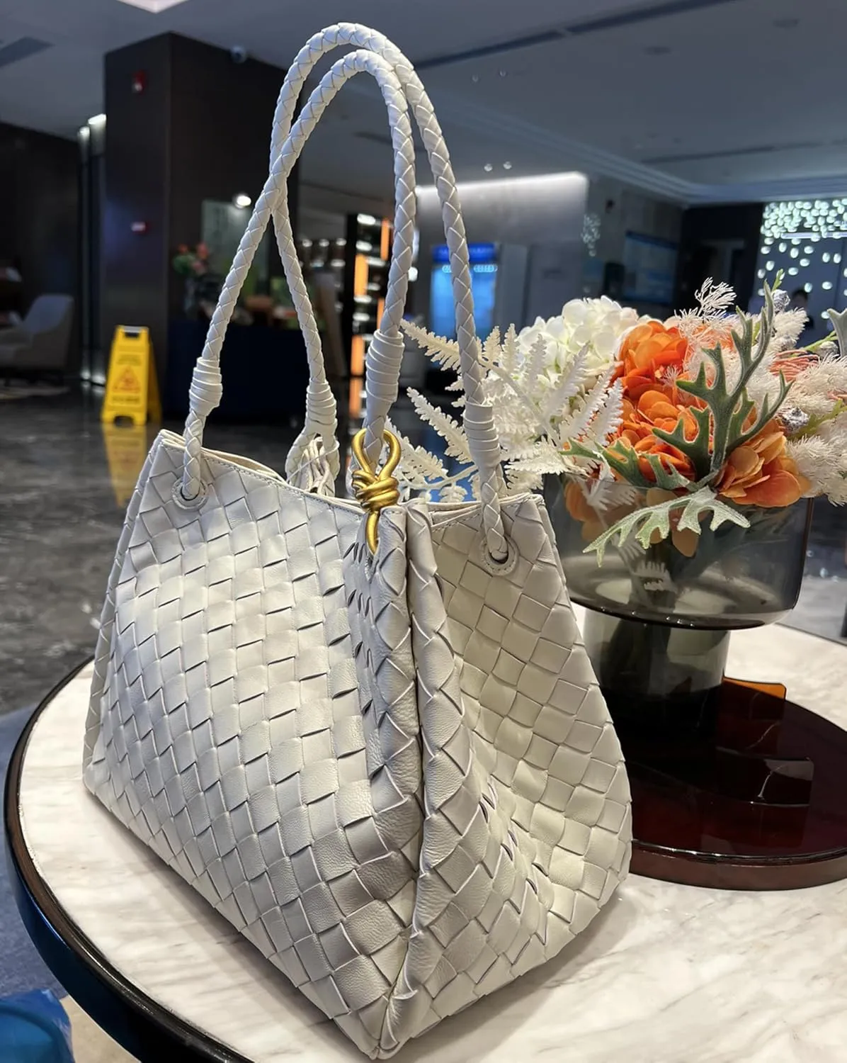 Premium Sheepskin Woven Handbag for Women Metal Cord Buckle Fashion Leather Tote Bag Bucket Bag Purse Large,White