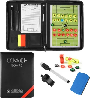 Professional Soccer Magnetic Tactics Board Zipper Type Portable Coaching Board Strategy Board ClipBoard with Whistle, Marker Pieces, Pens, Eraser, Red and Yellow Cards