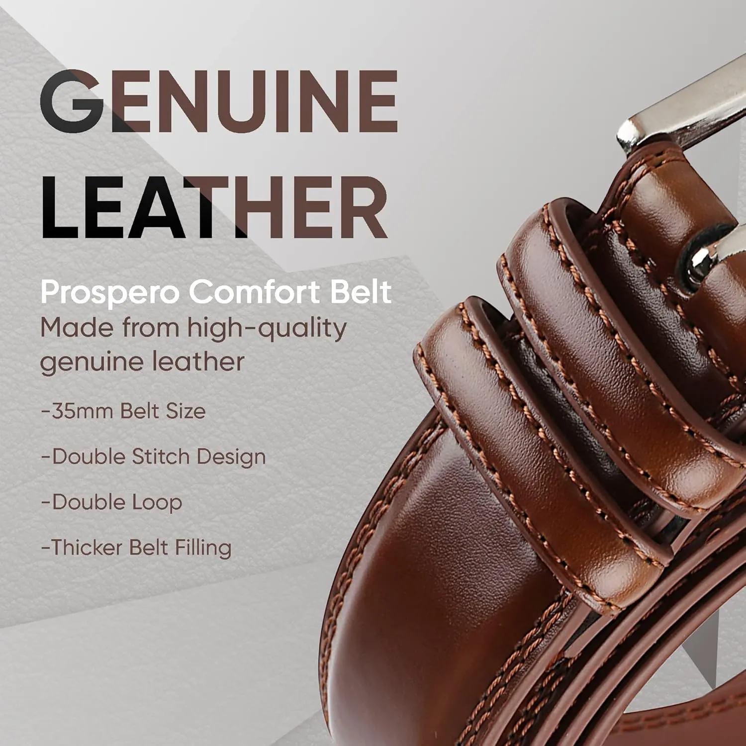 Prospero Comfort Men's Genuine Leather Belt 'ALL LEATHER' Classic Dress Casual Double Stitch 35mm