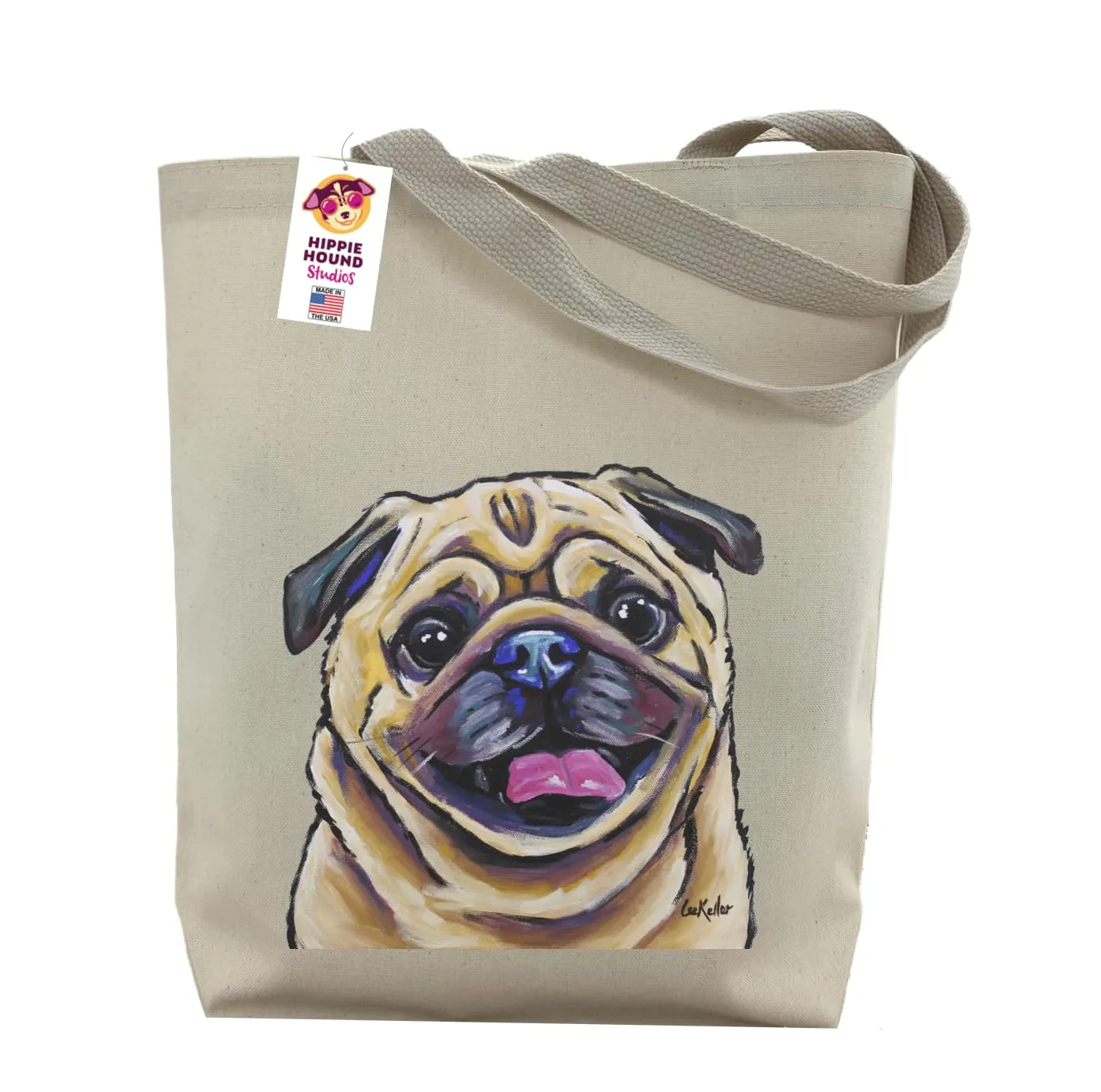 Pug Tote Bag - Gifts For Mom - Fawn Pug Lover Gift - Pug Gifts For Women -Handmade Totes - Hippie Hound Studios Canvas Totes - Cute Pug Shopping Bag - Shoulder Bag - Grocery Bag - Beach Bag