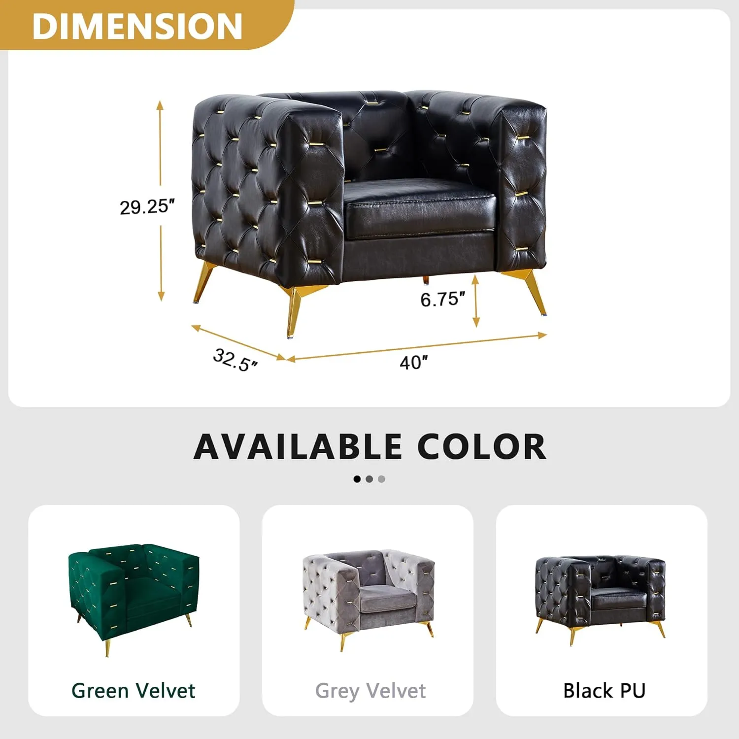 QHITTY Chesterfield Chair, Accent Armrest Faux Leather Chair with Square Arms and Metal Tufted Button, Metal Legs for Living Room, Office, Bedroom (Black)