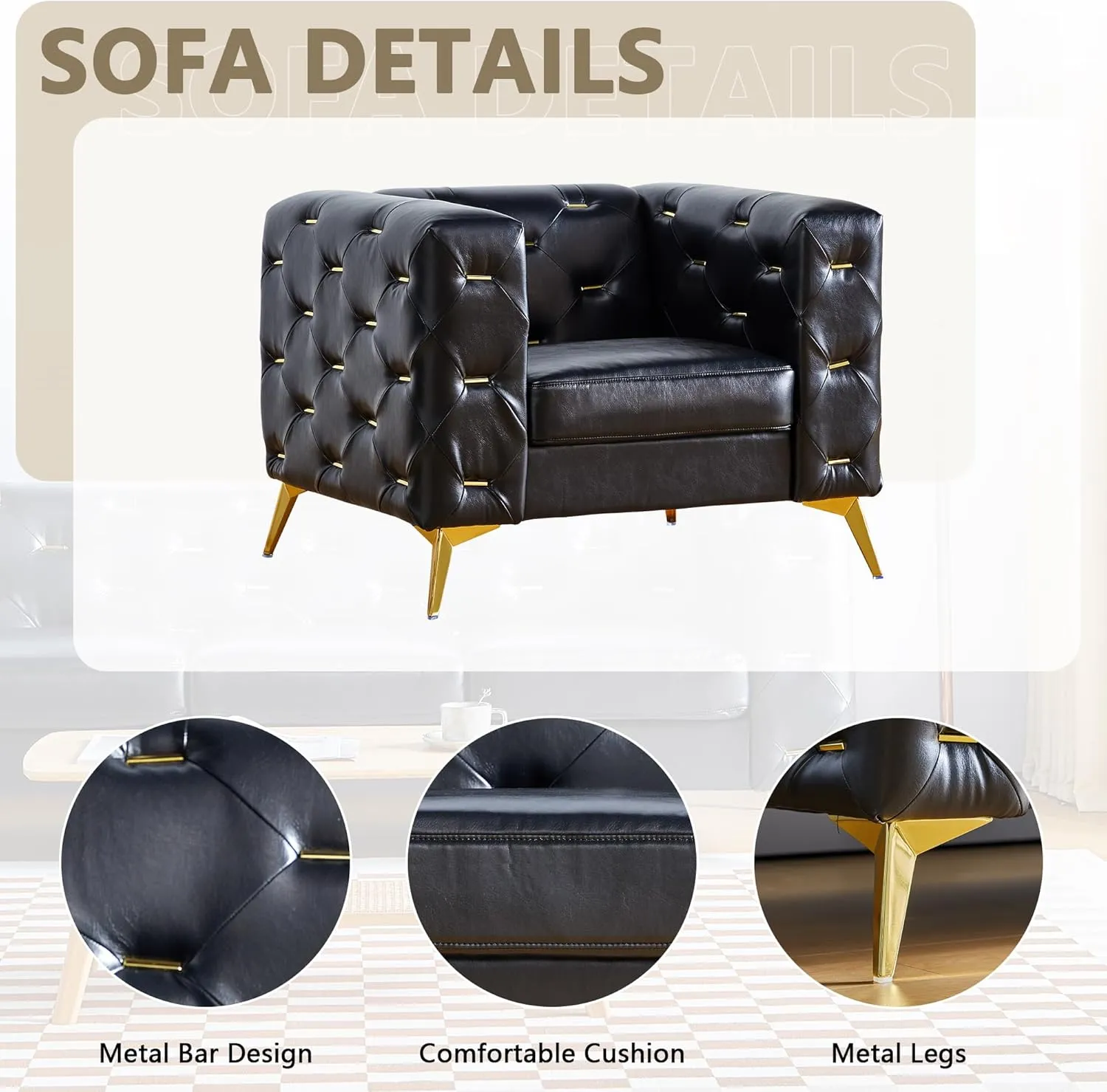 QHITTY Chesterfield Chair, Accent Armrest Faux Leather Chair with Square Arms and Metal Tufted Button, Metal Legs for Living Room, Office, Bedroom (Black)