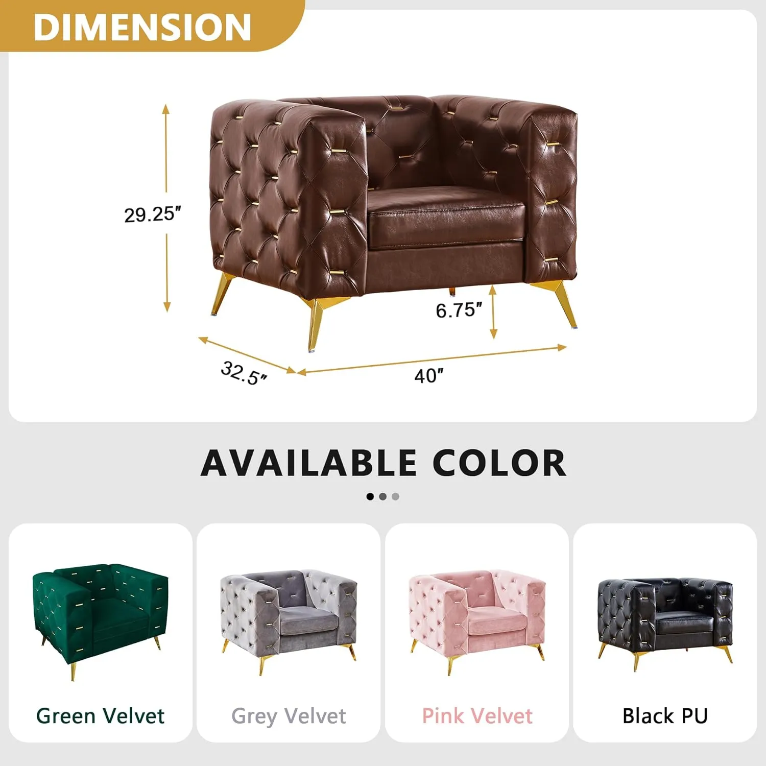 QHITTY Chesterfield Chair, Accent Armrest Faux Leather Chair with Square Arms and Metal Tufted Button, Metal Legs for Living Room, Office, Bedroom (Brown)