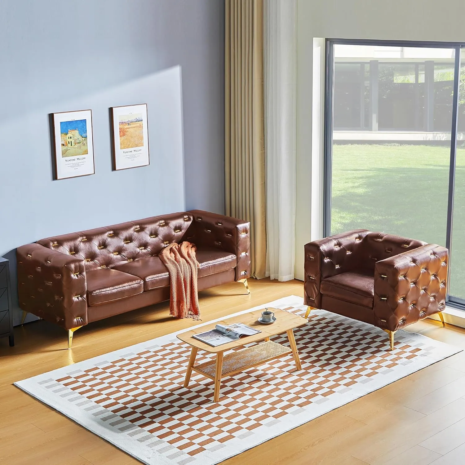 QHITTY Chesterfield Chair, Accent Armrest Faux Leather Chair with Square Arms and Metal Tufted Button, Metal Legs for Living Room, Office, Bedroom (Brown)