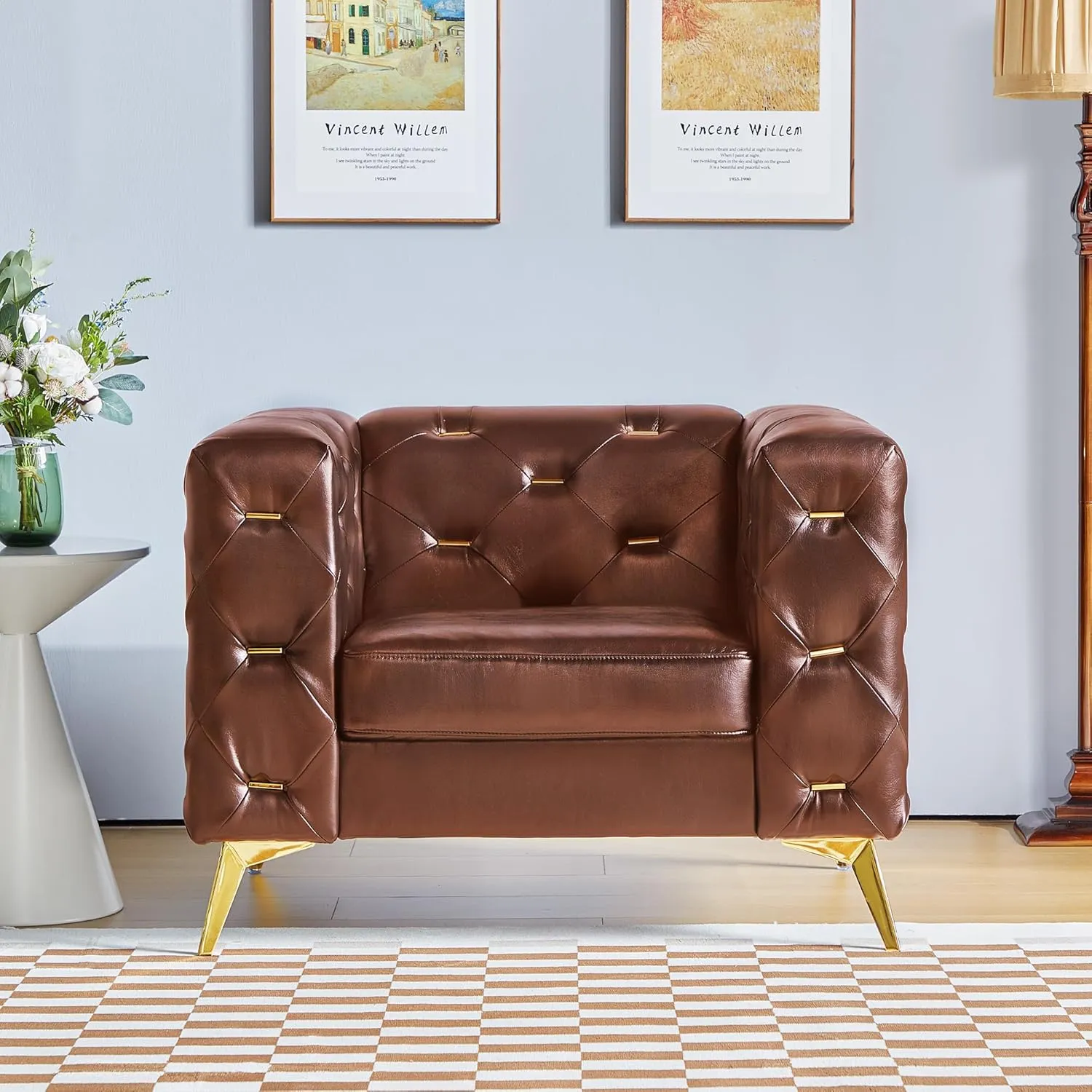 QHITTY Chesterfield Chair, Accent Armrest Faux Leather Chair with Square Arms and Metal Tufted Button, Metal Legs for Living Room, Office, Bedroom (Brown)