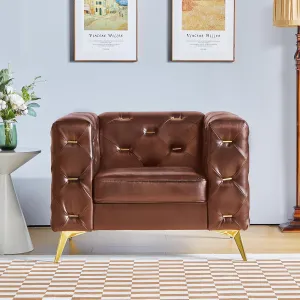 QHITTY Chesterfield Chair, Accent Armrest Faux Leather Chair with Square Arms and Metal Tufted Button, Metal Legs for Living Room, Office, Bedroom (Brown)