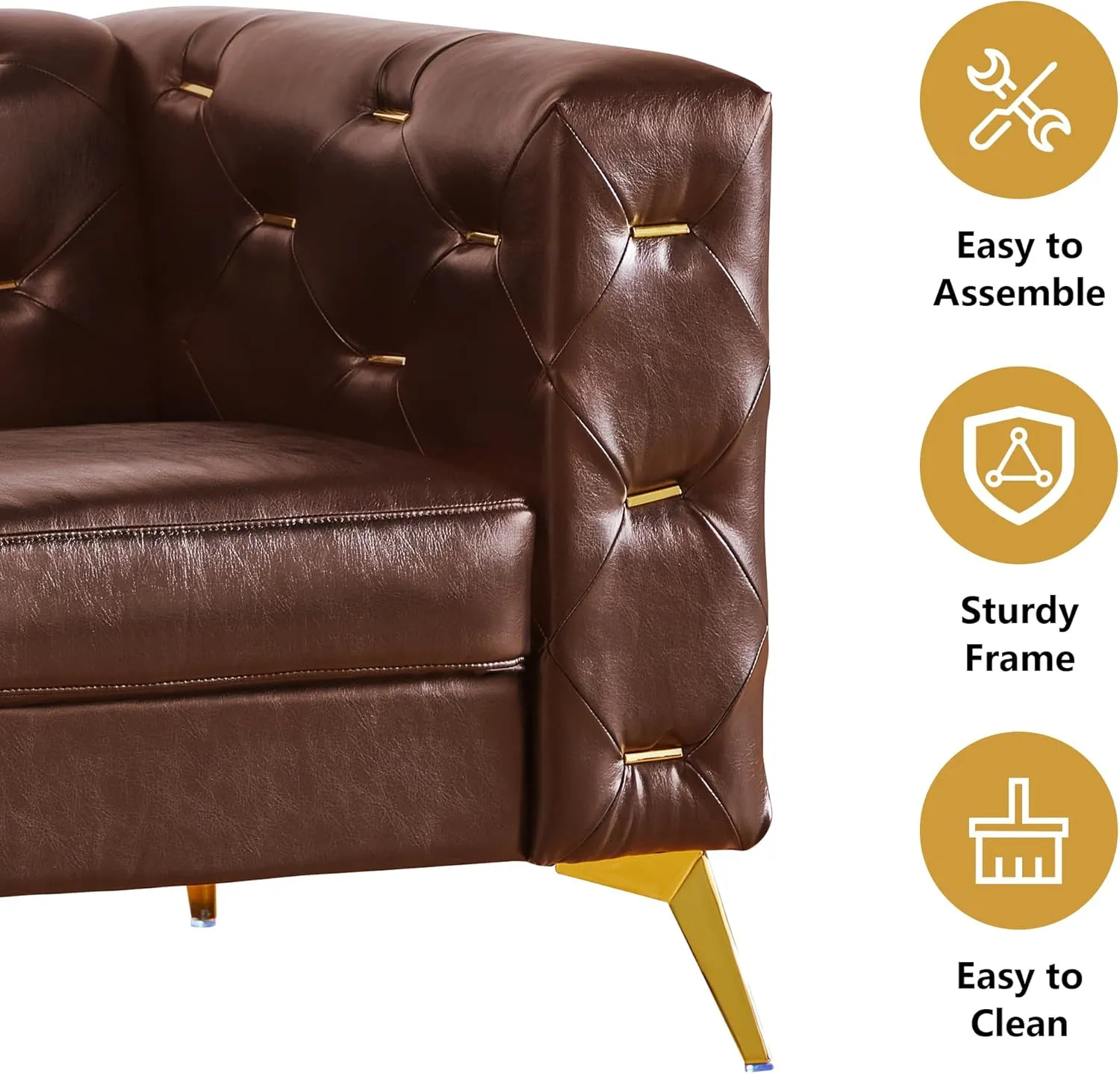 QHITTY Chesterfield Chair, Accent Armrest Faux Leather Chair with Square Arms and Metal Tufted Button, Metal Legs for Living Room, Office, Bedroom (Brown)