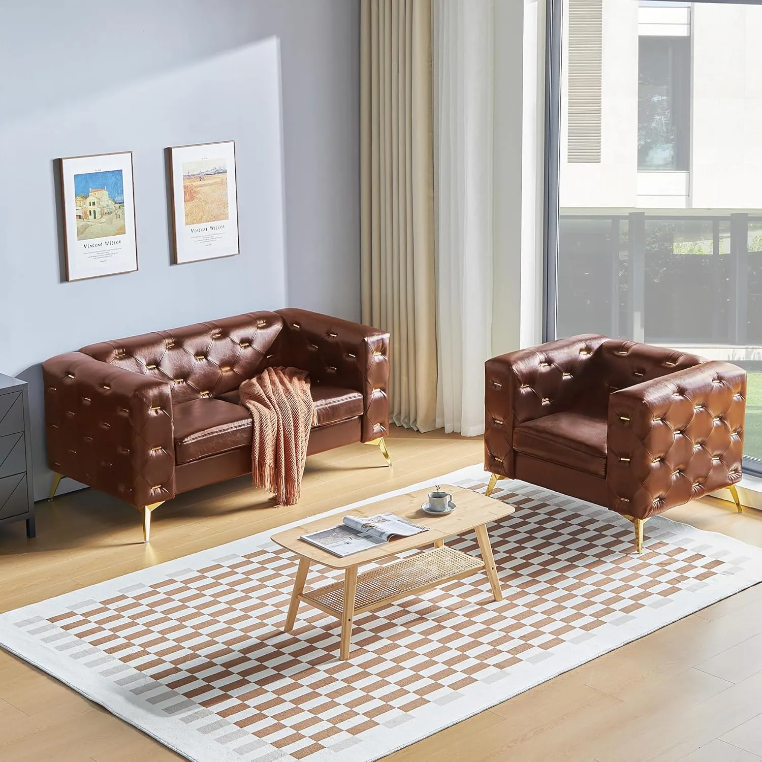 QHITTY Chesterfield Chair, Accent Armrest Faux Leather Chair with Square Arms and Metal Tufted Button, Metal Legs for Living Room, Office, Bedroom (Brown)