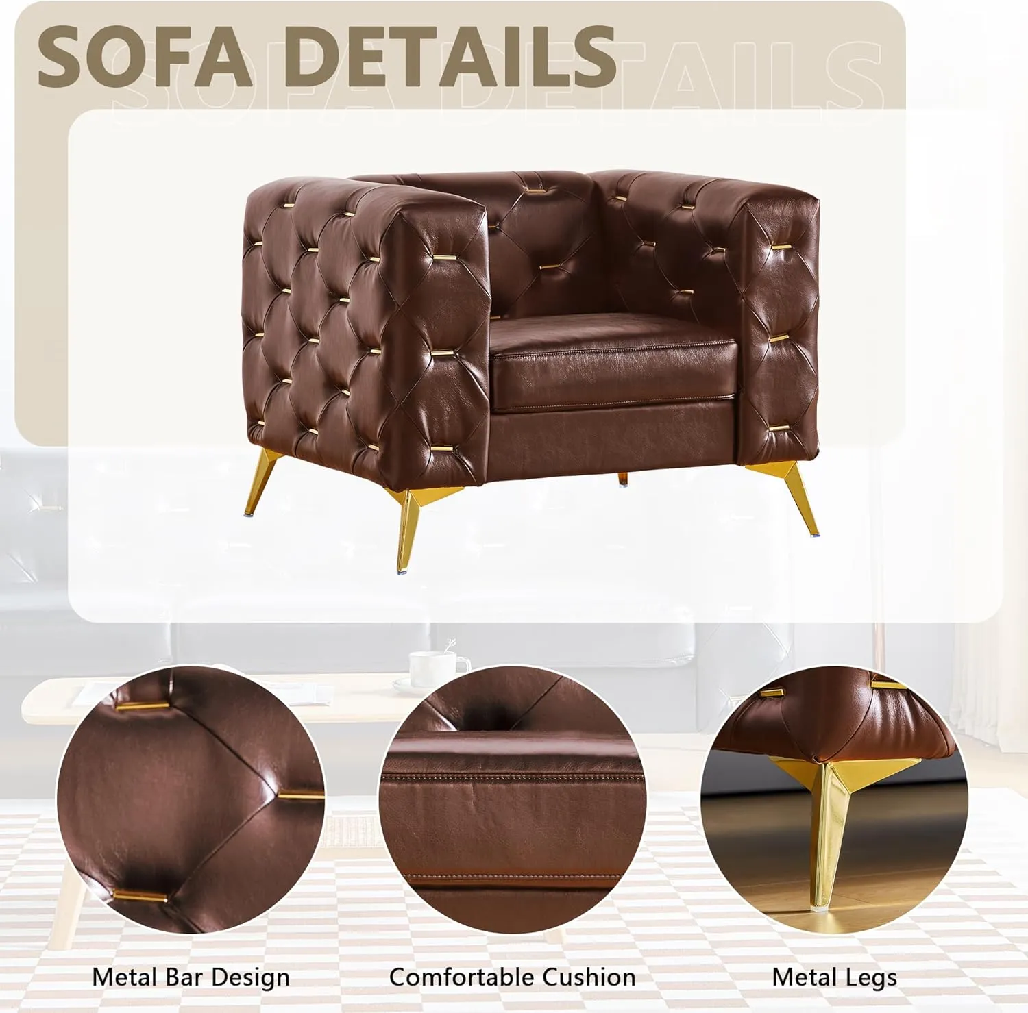 QHITTY Chesterfield Chair, Accent Armrest Faux Leather Chair with Square Arms and Metal Tufted Button, Metal Legs for Living Room, Office, Bedroom (Brown)