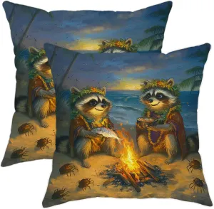 Raccoon Pillow Covers Set of 2, Tropical Beach Campfire Printed Throw Pillow Cases, Fun Outdoor Decorative Cushion Covers for Living Room Sofa Bed Couch 18x18 Inch