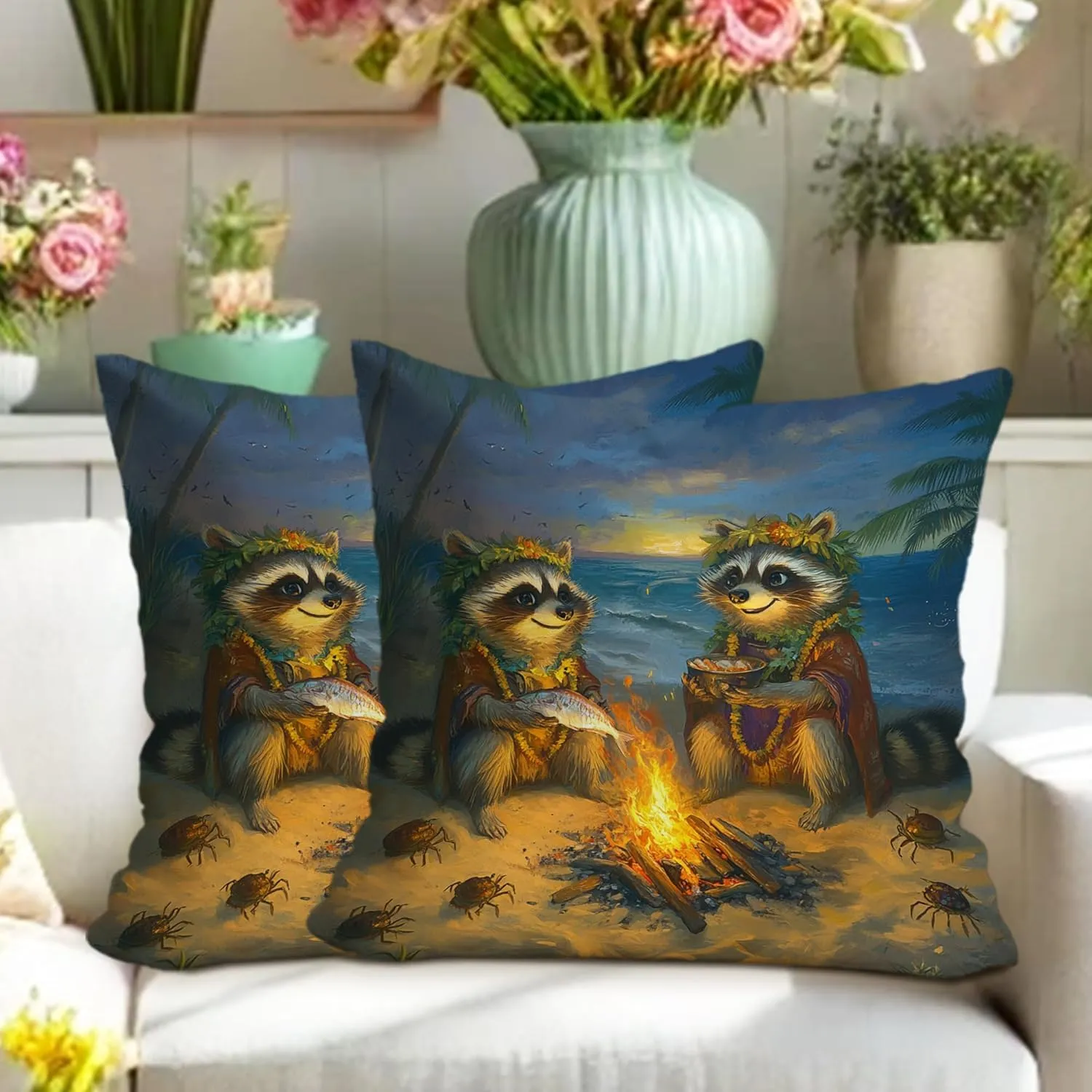 Raccoon Pillow Covers Set of 2, Tropical Beach Campfire Printed Throw Pillow Cases, Fun Outdoor Decorative Cushion Covers for Living Room Sofa Bed Couch 18x18 Inch