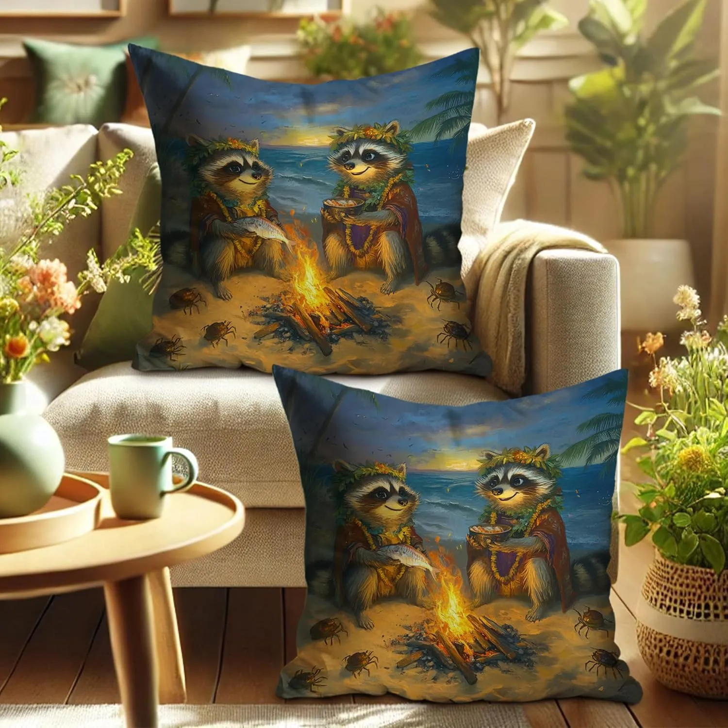 Raccoon Pillow Covers Set of 2, Tropical Beach Campfire Printed Throw Pillow Cases, Fun Outdoor Decorative Cushion Covers for Living Room Sofa Bed Couch 18x18 Inch