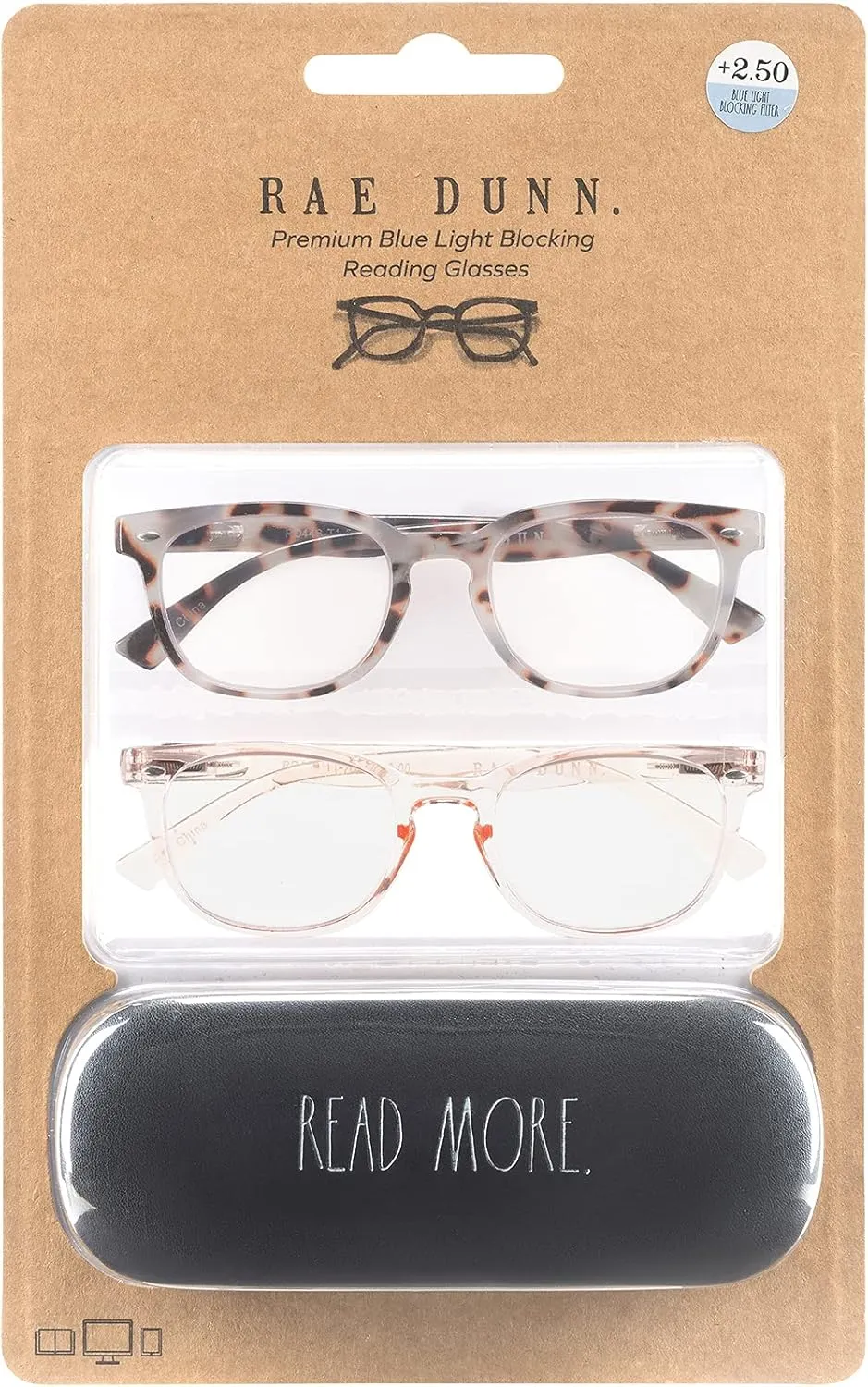 Rae Dunn "JUDY Blue Light Blocking Reading Glasses - 2 Pack w/READ MORE Signature Font Hard Case