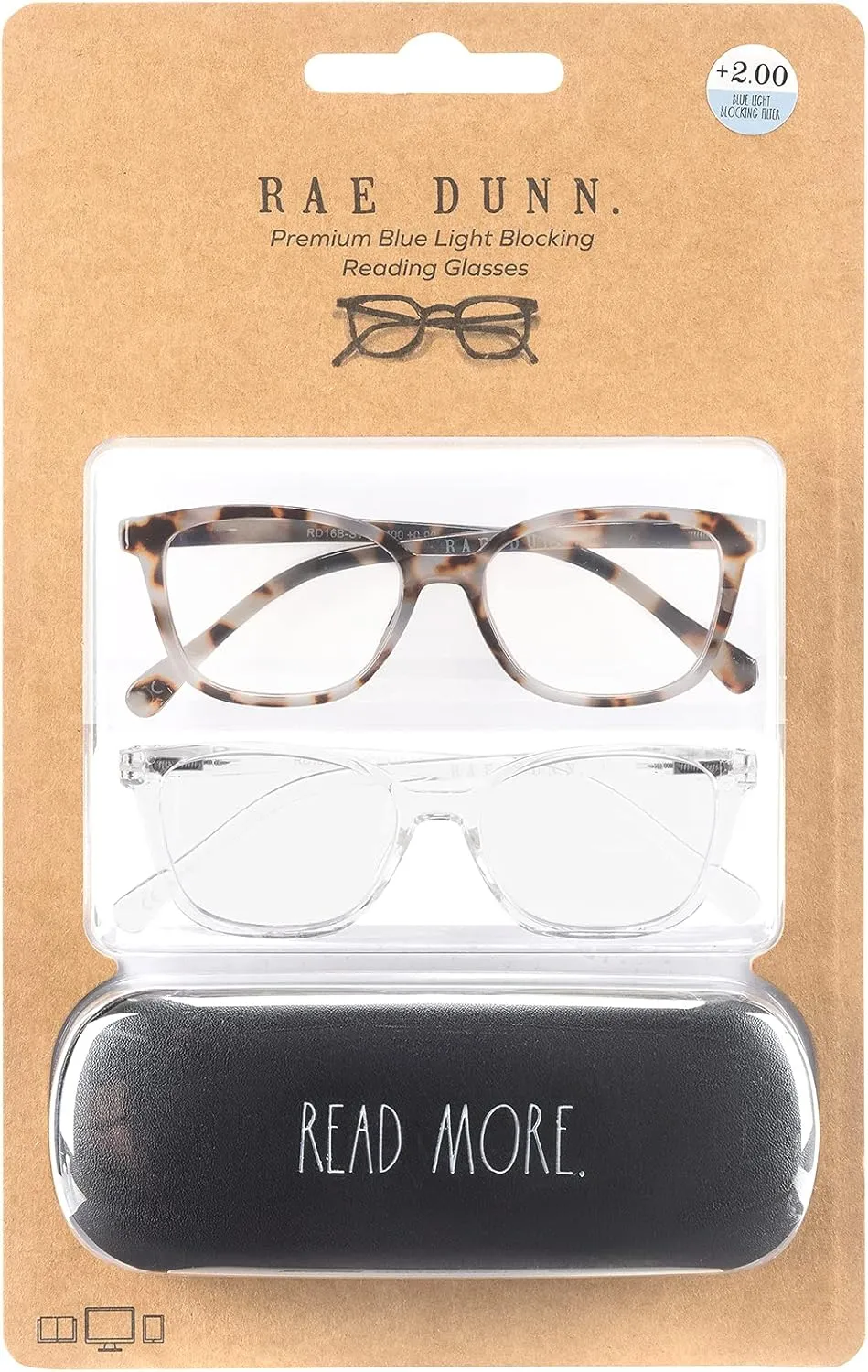 Rae Dunn "NALA Blue Light Blocking Reading Glasses - 2 Pack w/READ MORE Signature Font Hard Case