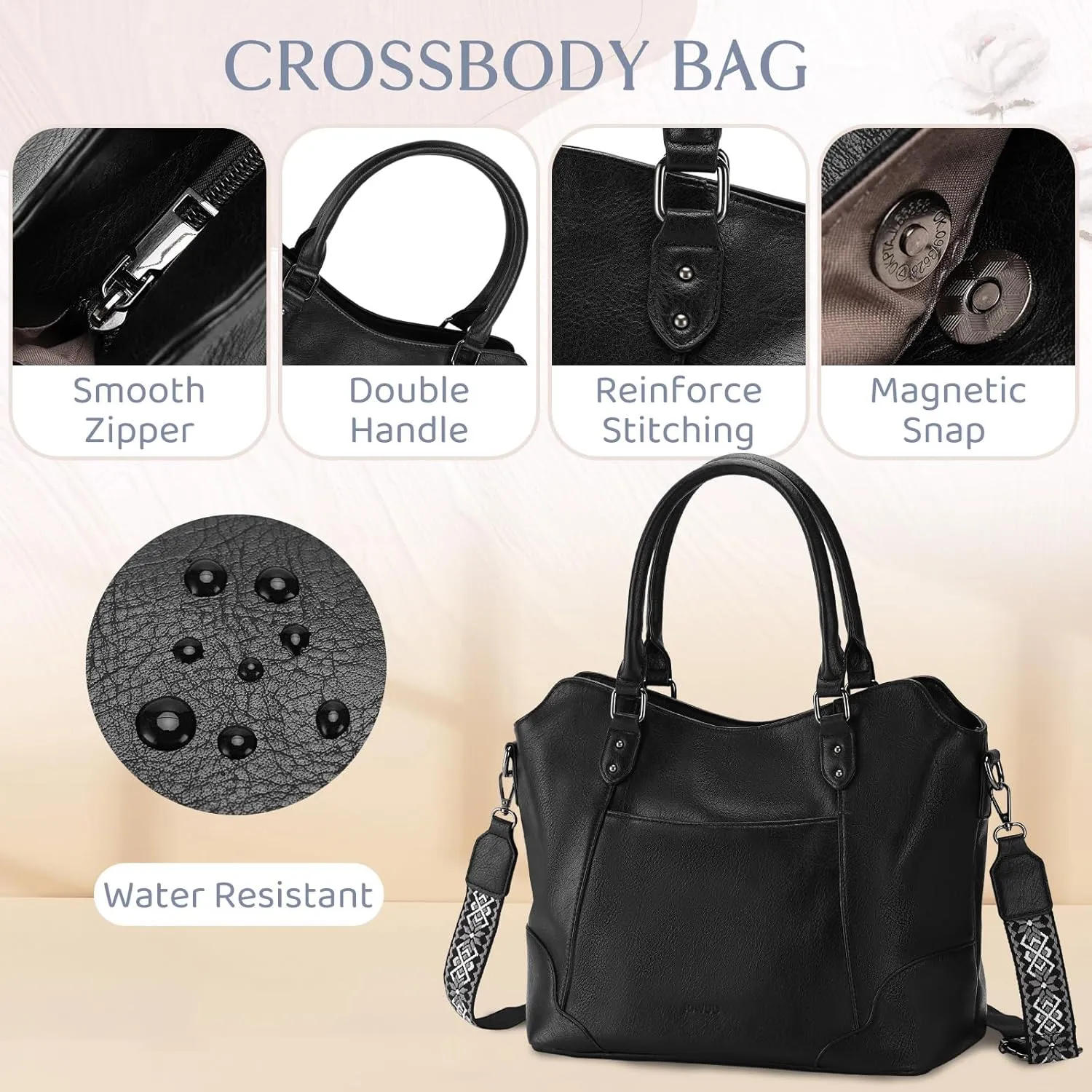 RAVUO Hobo Bag for Women, Vegan Leather Top Handle Handbag Shoulder Purse Chic Ladies Crossbody Bag W Guitar Strap