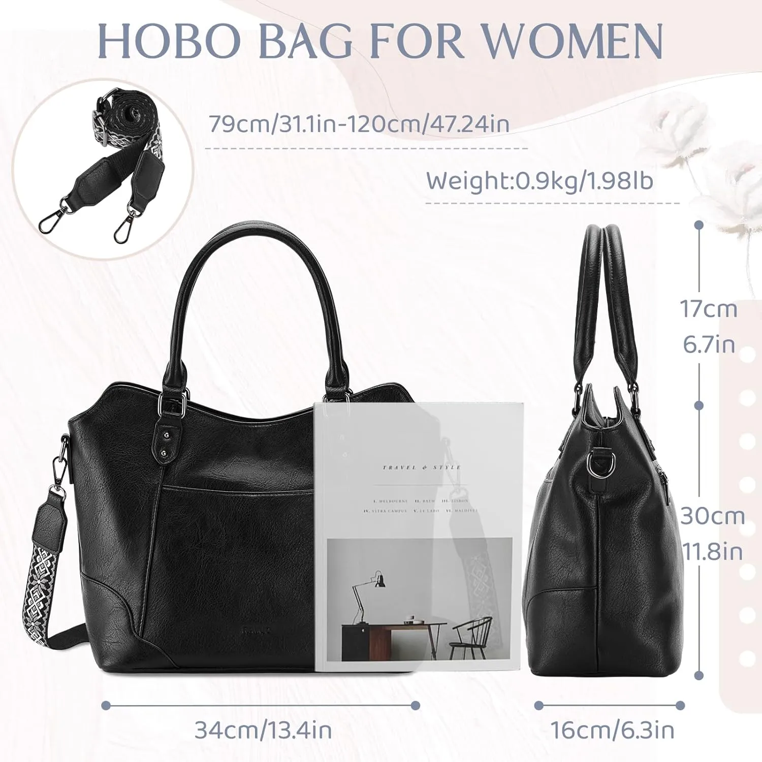 RAVUO Hobo Bag for Women, Vegan Leather Top Handle Handbag Shoulder Purse Chic Ladies Crossbody Bag W Guitar Strap
